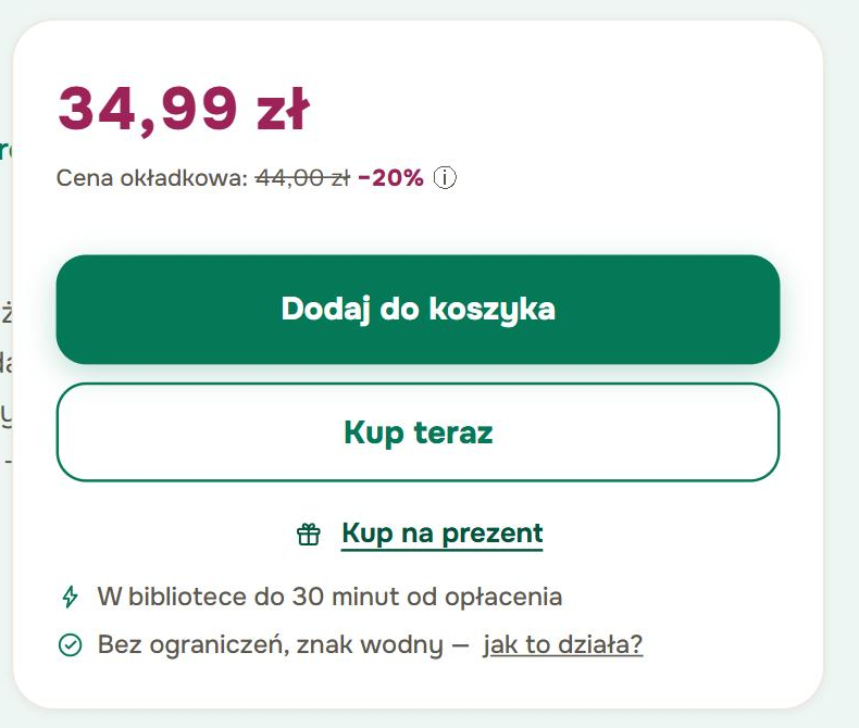 Fragment karty produktu w booktown.pl: cena, przyciski Dodaj do koszyka i Kup teraz, a pod nimi link Kup na prezent