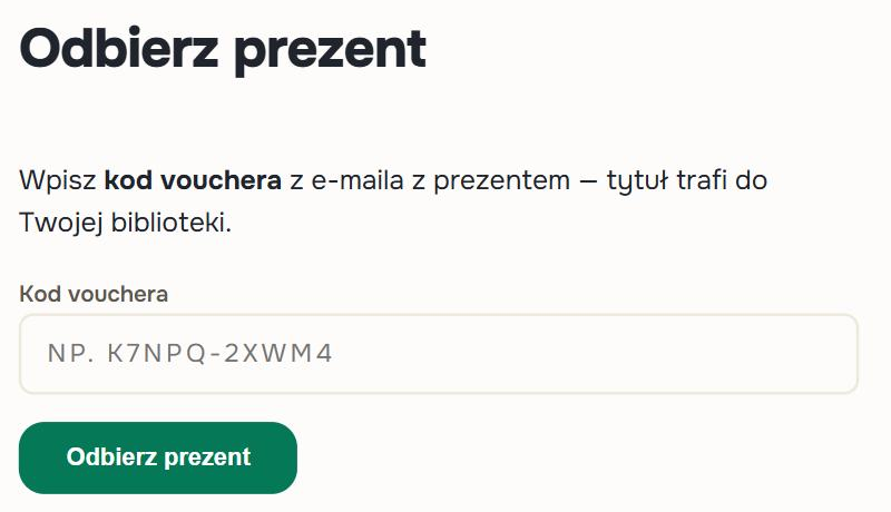 Strona Odbierz prezent w booktown.pl: pole na kod vouchera i przycisk Odbierz prezent