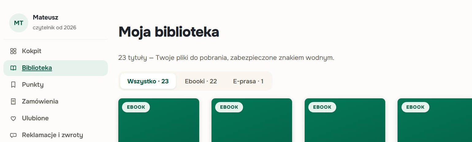 Moja biblioteka w koncie klienta booktown.pl: kafelki kupionych tytułów z przyciskami pobierania