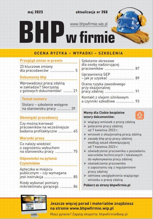 Tytuł: „BHP w firmie” maj 2023
Autor: Praca zbiorowa
Wydawnictwo: Wiedza i Praktyka
Formaty: PDF, EPUB, MOBI