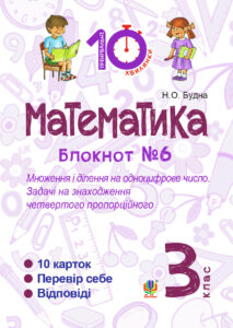 Tytuł: Математика. 3 клас. Зошит №6. Множення і ділення на одноцифрове число. Задачі на знаходження четвертого пропорційного.
Autor: Наталія Будна
Wydawnictwo: Видавництво Богдан
Formaty: PDF