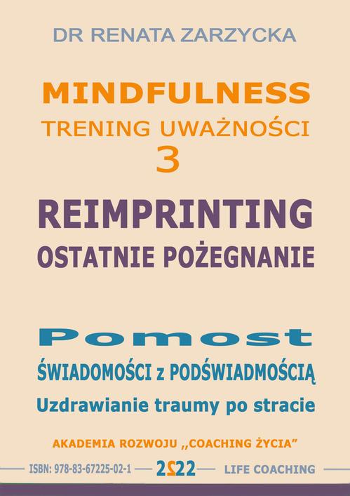 Tytuł: Reimprinting. Ostatnie pożegnanie. Pomost świadomości z podświadomością. Uzdrawianie traumy po stracie.
Autor: Dr Renata Zarzycka
Wydawnictwo: Akademia Rozwoju Coaching Życia
Formaty: MP3