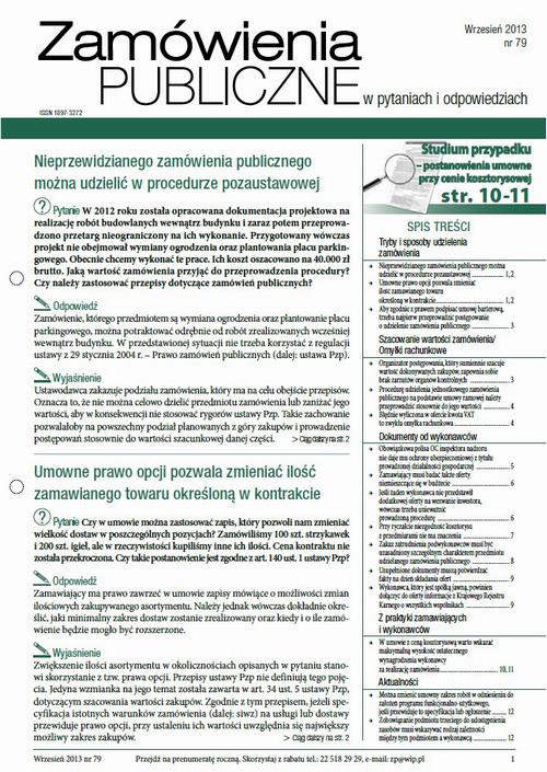 Tytuł: Zamówienia publiczne w pytaniach i odpowiedziach wrzesień 2013 nr 79
Autor: 
Wydawnictwo: Oficyna Prawa Polskiego
Formaty: PDF