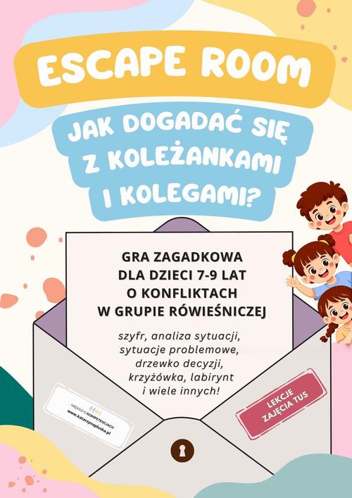 Tytuł: Escape room. Jak dogadać się z kolegami i koleżankami? Gra zagadkowa dla dzieci w wieku 7-9 lat o konfliktach w grupie rówieśniczej
Autor: Katarzyna Skoczylas-Płuska
Wydawnictwo: Katarzyna Skoczylas-Płuska
Formaty: PDF