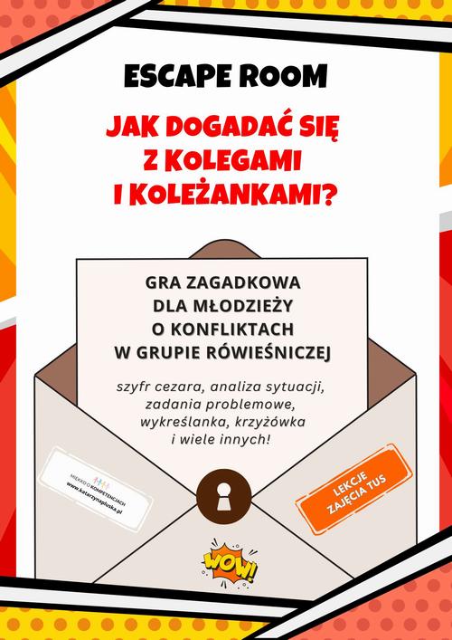 Tytuł: Escape room. Jak dogadać się z kolegami i koleżankami? Gra zagadkowa dla młodzieży o konfliktach w grupie rówieśniczej
Autor: Katarzyna Skoczylas-Płuska
Wydawnictwo: Katarzyna Skoczylas-Płuska
Formaty: PDF