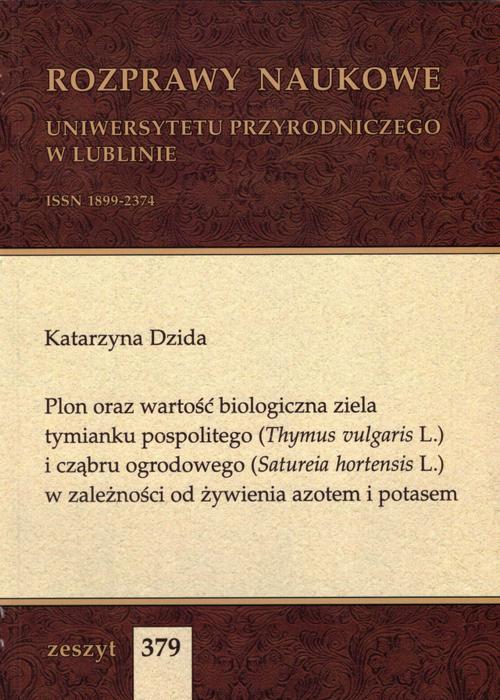 Tytuł: Plon oraz wartość biologiczna ziela tymianku pospolitego (Thymus vulgaris L.) i cząbru ogrodowego (Satureia hortensis L.) w zależności od żywienia azotem i potasem
Autor: Katarzyna Dzida
Wydawnictwo: Uniwersytet Przyrodniczy w Lublinie
Formaty: PDF