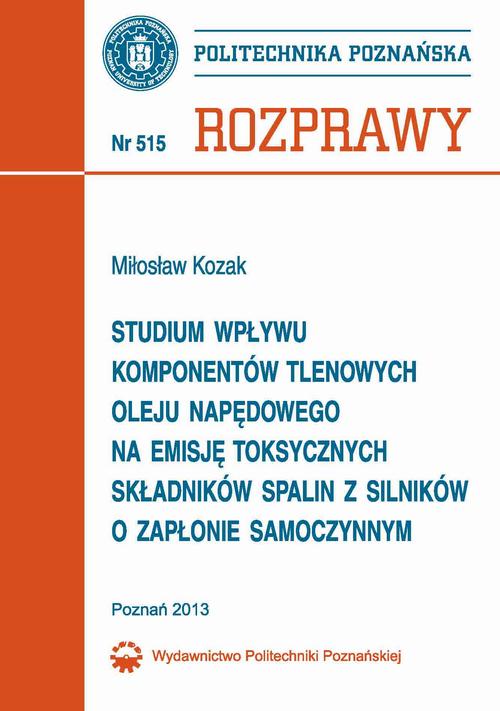 Tytuł: Studium wpływu komponentów tlenowych oleju napędowego na emisję toksycznych składników spalin z silników o zapłonie samoczynnym
Autor: Mirosław Kozak
Wydawnictwo: Wydawnictwo Politechniki Poznańskiej
Formaty: PDF