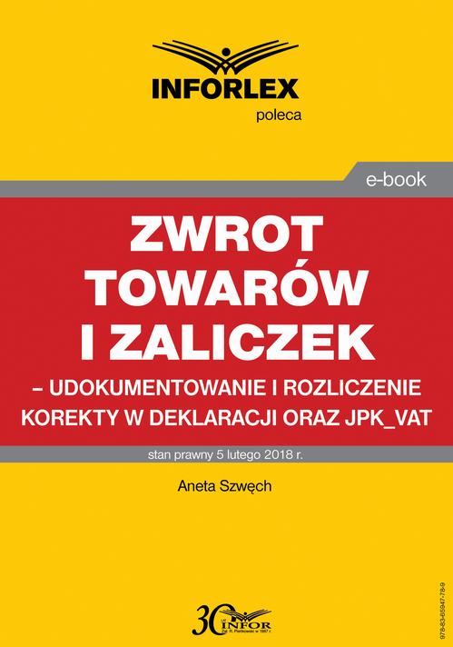 Zwrot towarów i zaliczek – udokumentowanie i rozliczenie korekty w deklaracji oraz JPK_VAT — okładka e-booka